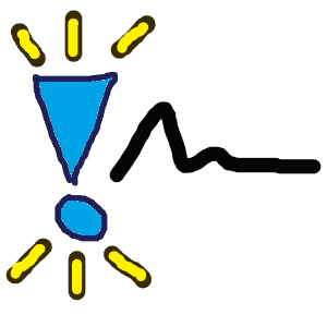 A large blue exclamation mark with yellow emphasis marks above and below, with a black squiggle to the right, indicating text.